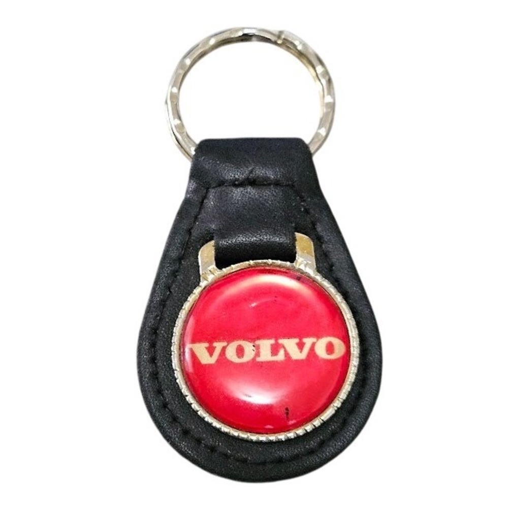 Vintage Volvo Keychain Black Leather Red Dome Gold Lettering Auto Fob Accessory